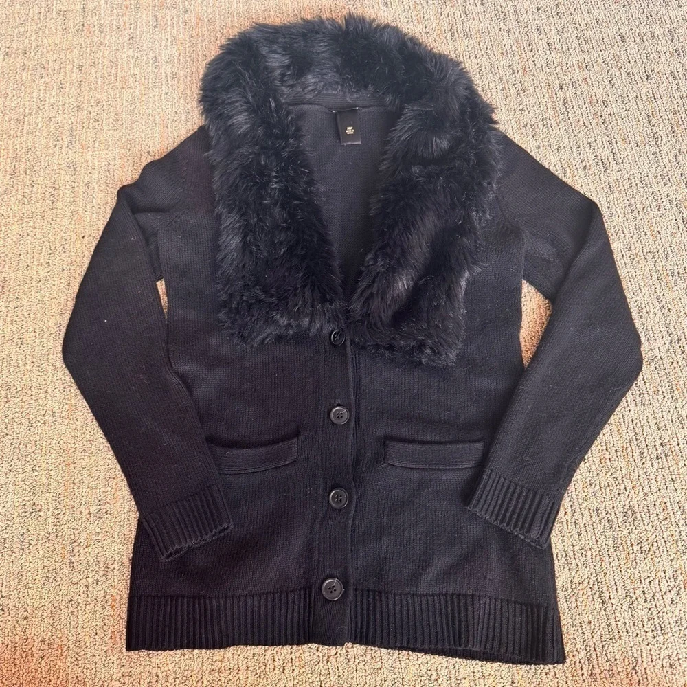 90s Y2K Faux Fur Collar Cardigan Sweater black XS Womens